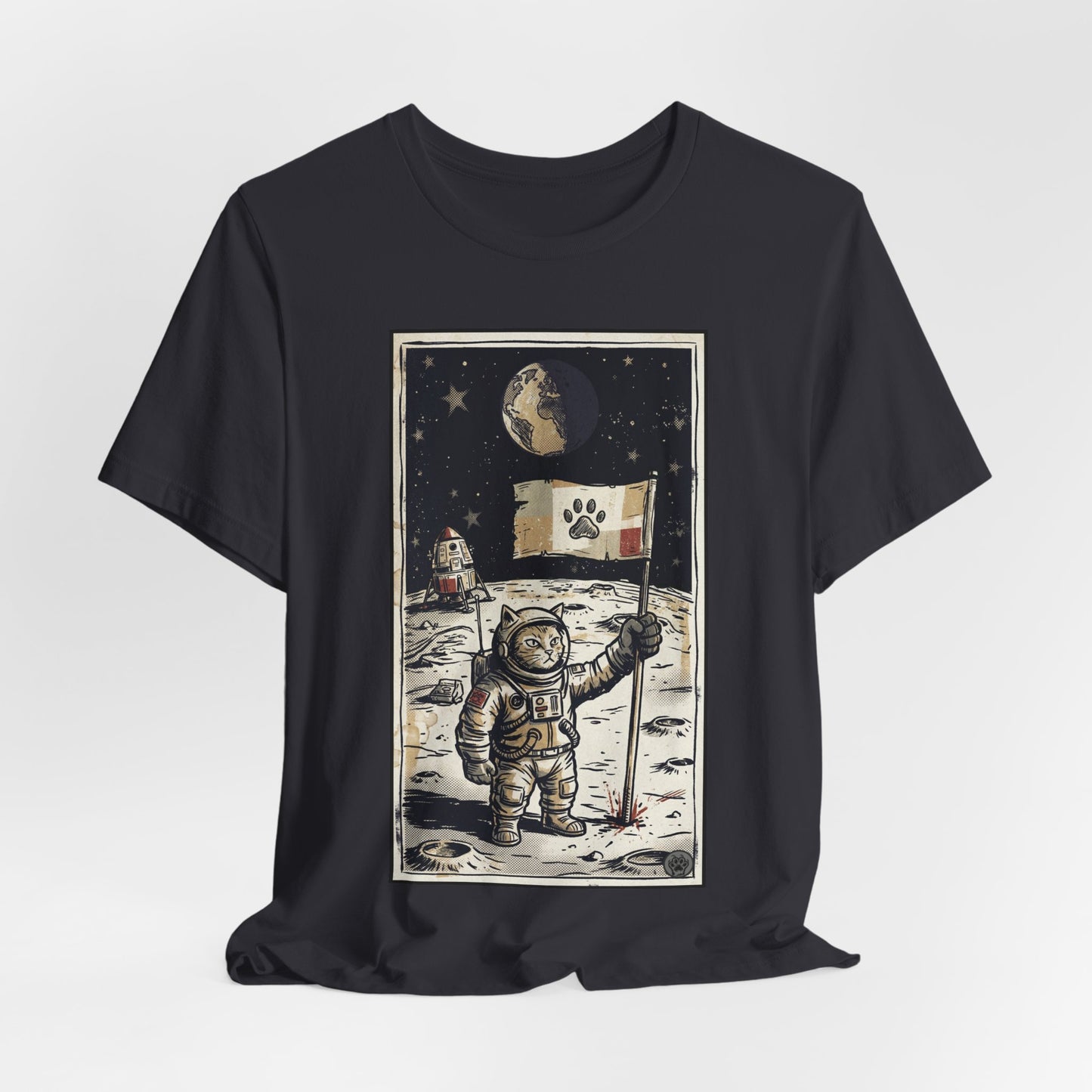 SpaceCat - Conquers The Moon! - Astronaut Cat Moon T-Shirt — Vintage Styled Space Kitty Flag Tee