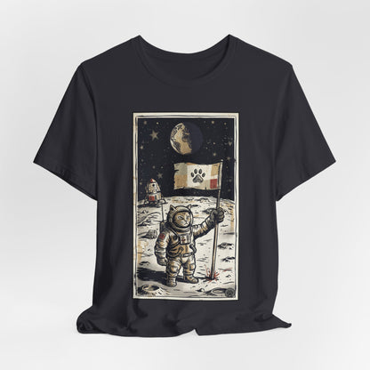 SpaceCat - Conquers The Moon! - Astronaut Cat Moon T-Shirt — Vintage Styled Space Kitty Flag Tee