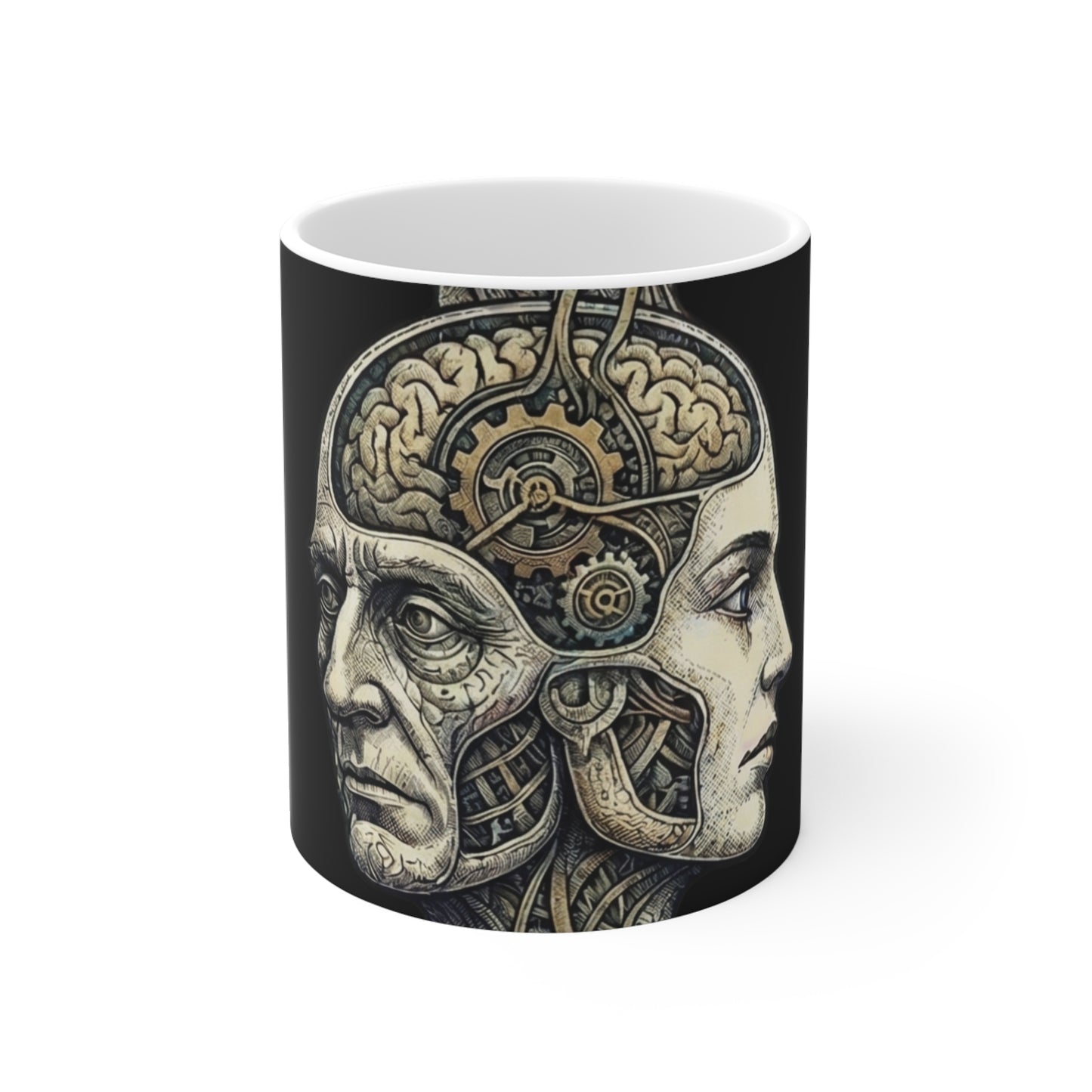 Family Of Thought - New Design 1 - 11oz Mug Ambi Handle - Anatomical Brain Gear Mug — Vintage Steampunk Heads Coffee Cup (11oz)