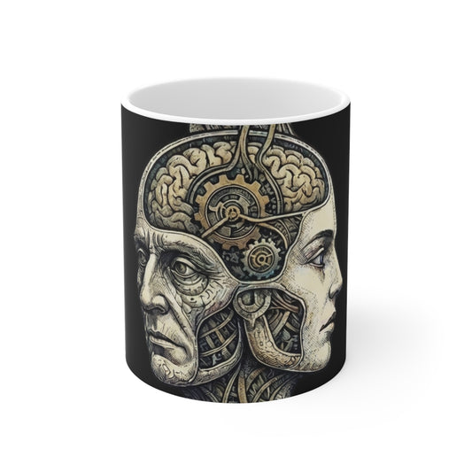Family Of Thought - New Design 1 - 11oz Mug Ambi Handle - Anatomical Brain Gear Mug — Vintage Steampunk Heads Coffee Cup (11oz)