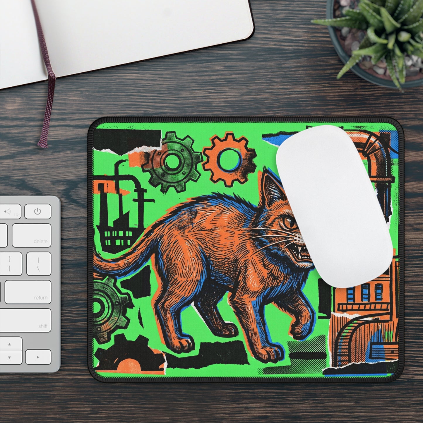 IndustrialCat - Green Collage Poster - Gaming Mouse Pad — Retro Industrial Angry Cat Design