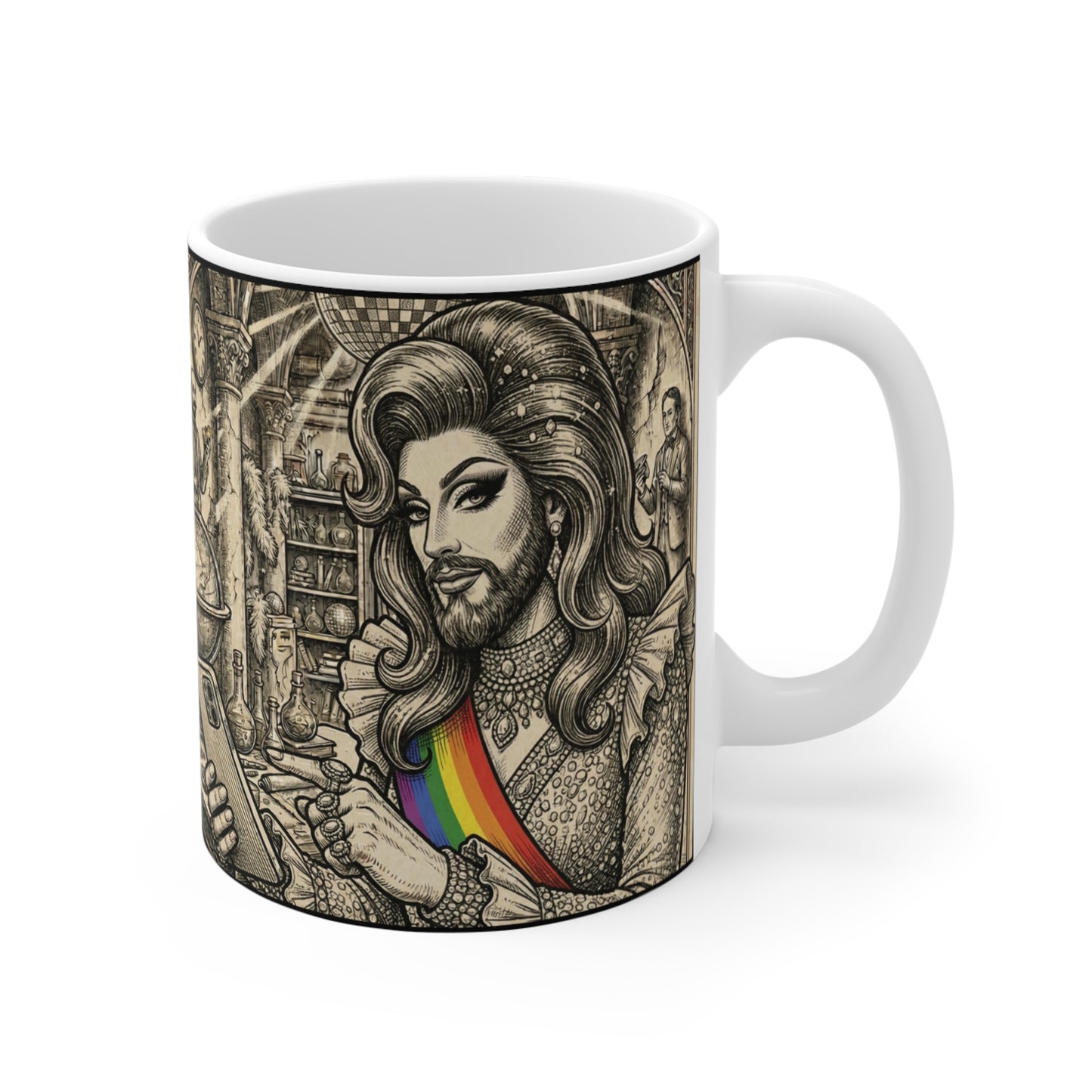 Drag Queen Jesus - Making The Call! - 11oz Mug Ambi Handle — Vintage-Style Drag Icon Mug with Rainbow Sash (11oz)