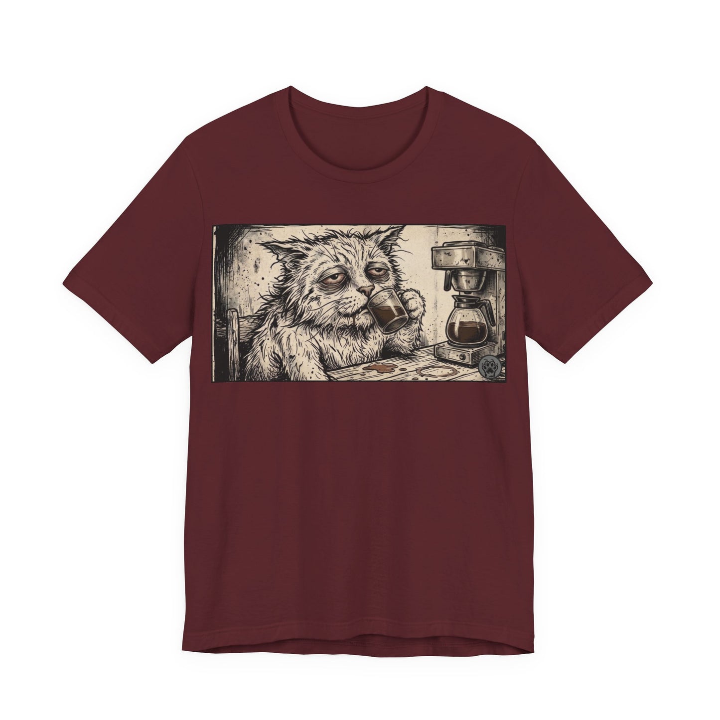 Scraps "GFM" Horizontal - Cat Drinking Coffee T‑Shirt — Vintage Sketch Tired Depressed Cat Drinking Coffee Graphic Tee