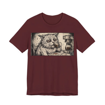 Scraps "GFM" Horizontal - Cat Drinking Coffee T‑Shirt — Vintage Sketch Tired Depressed Cat Drinking Coffee Graphic Tee