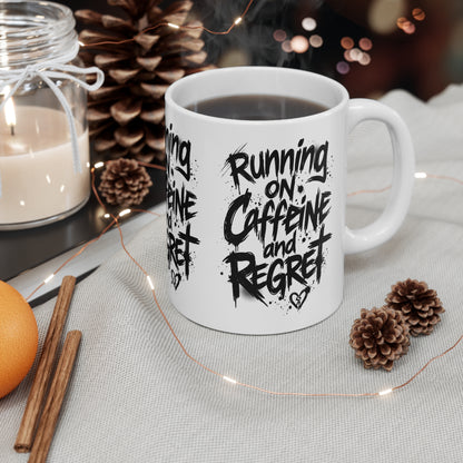 VOID - Running on Caffeine and Regret Mug — Funny 11oz Coffee Cup for Tired Adults