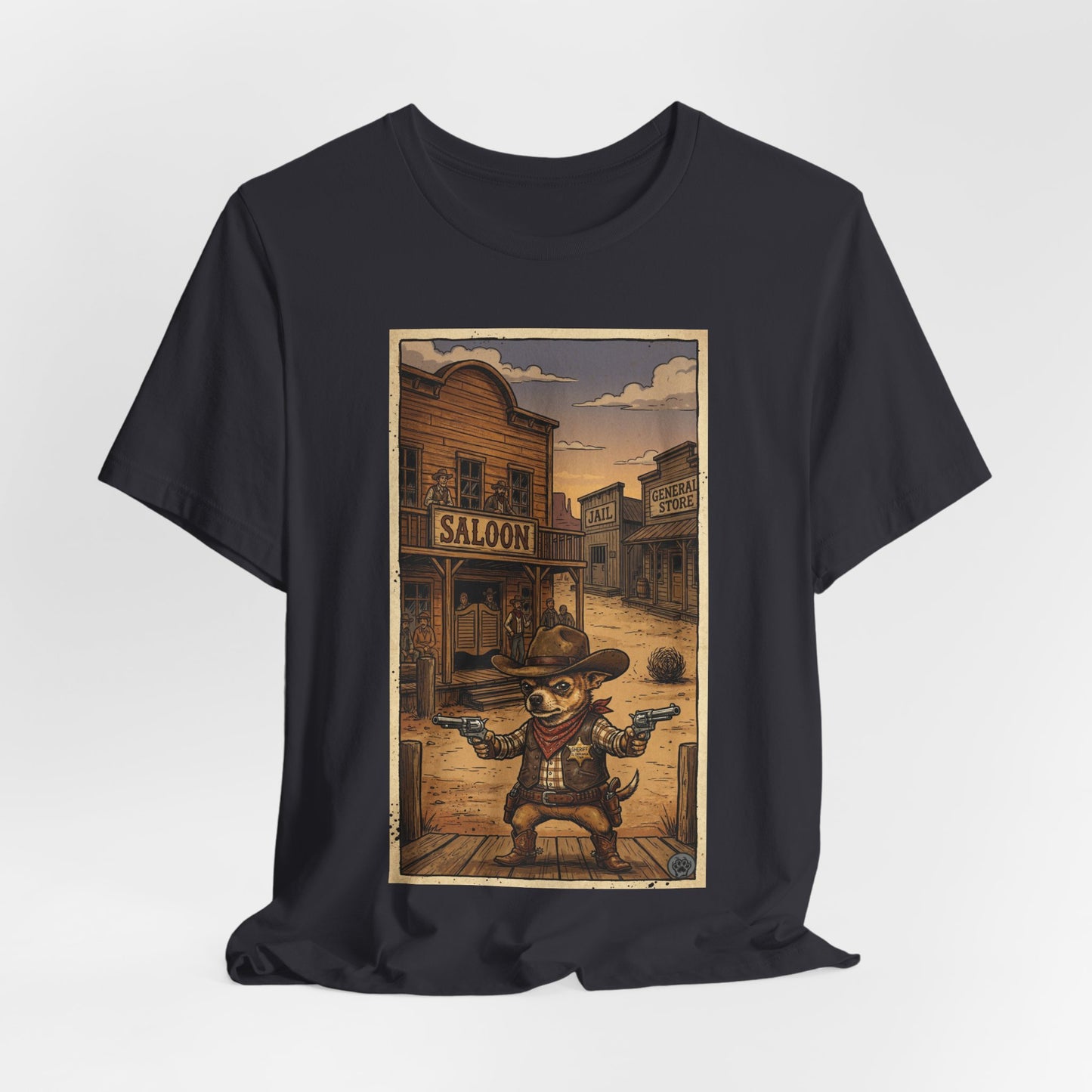 SheriffPaco - Vertical - Chihuahua Sheriff Western Saloon Showdown T-Shirt — Vintage Cowboy Sheriff Puppy Dog Graphic Tee