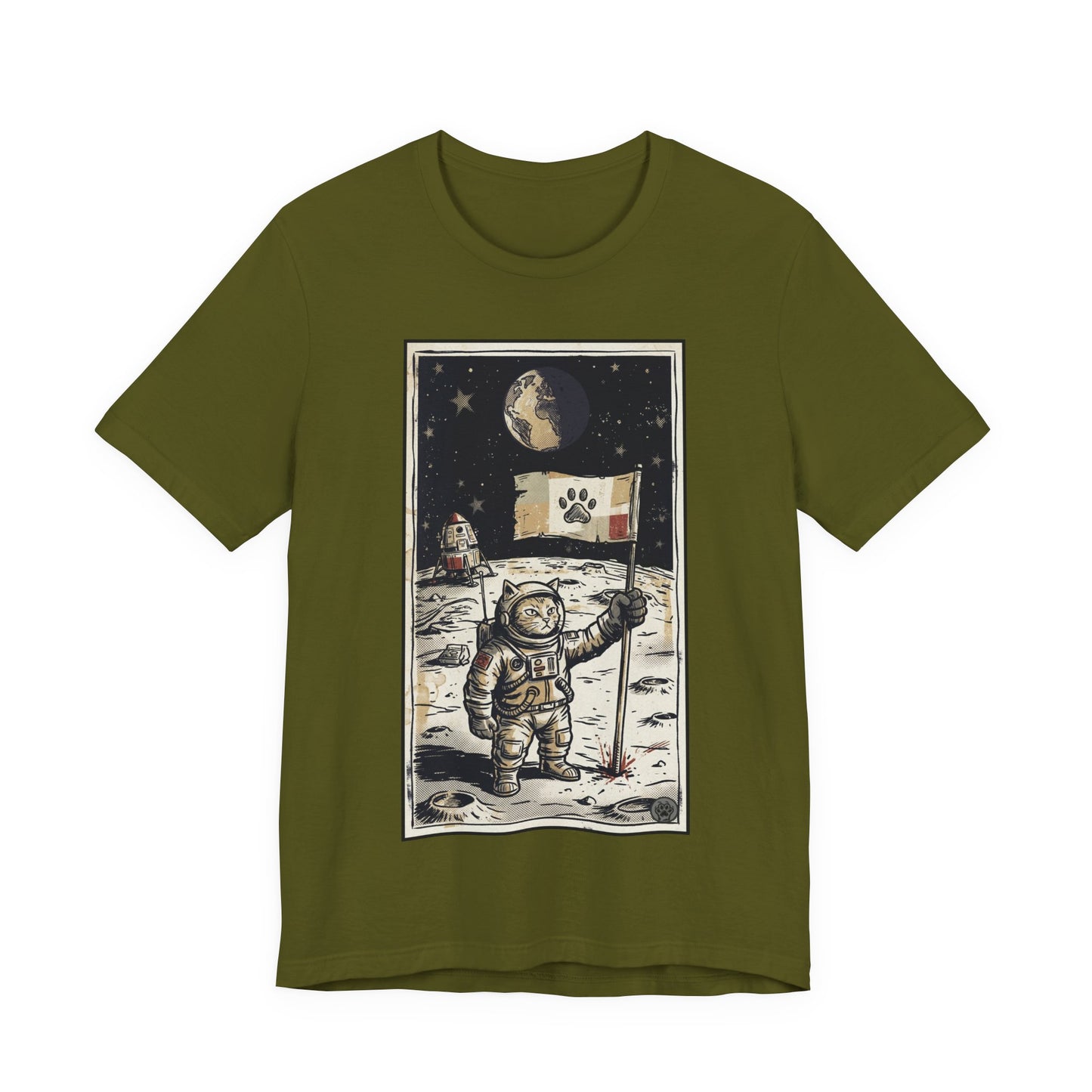 SpaceCat - Conquers The Moon! - Astronaut Cat Moon T-Shirt — Vintage Styled Space Kitty Flag Tee
