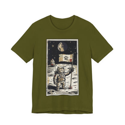 SpaceCat - Conquers The Moon! - Astronaut Cat Moon T-Shirt — Vintage Styled Space Kitty Flag Tee