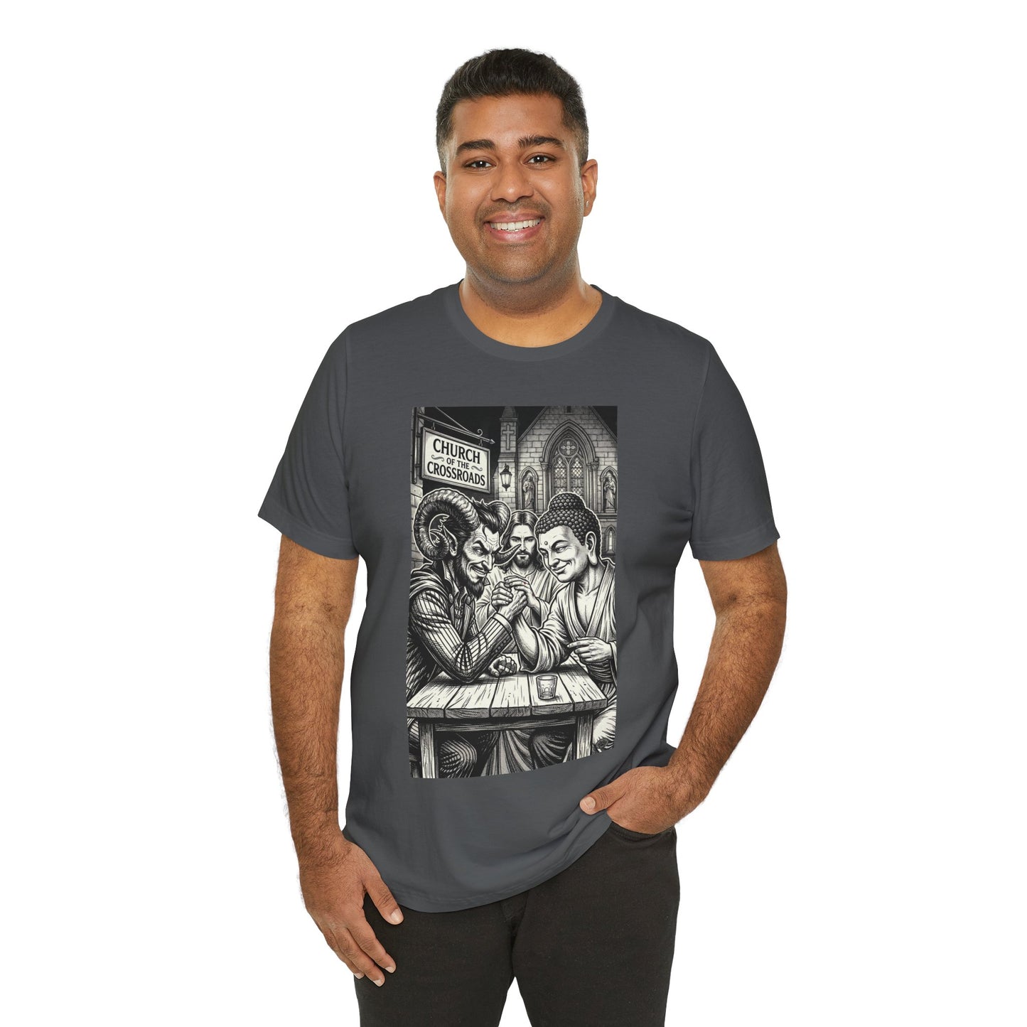 Crossroads T-Shirt — Religious Humor Satirical Arm Wrestling Graphic Tee
