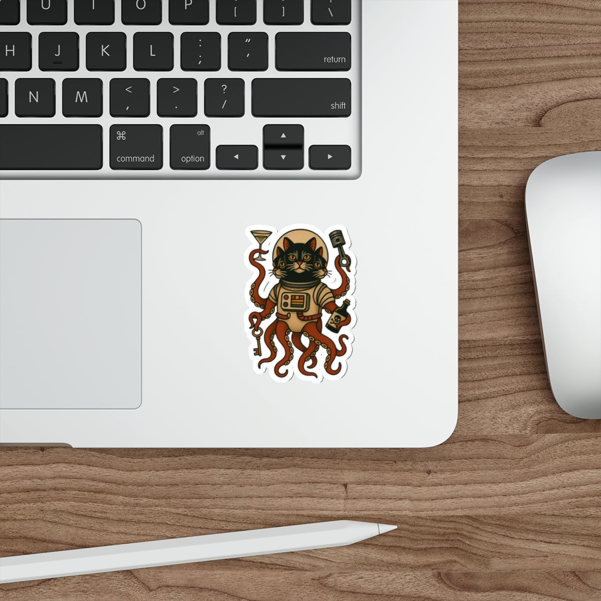 AlienCat Astronaut Vintage Tattoo Design Cat Die-Cut Sticker – Retro Space Kitty with Tentacles
