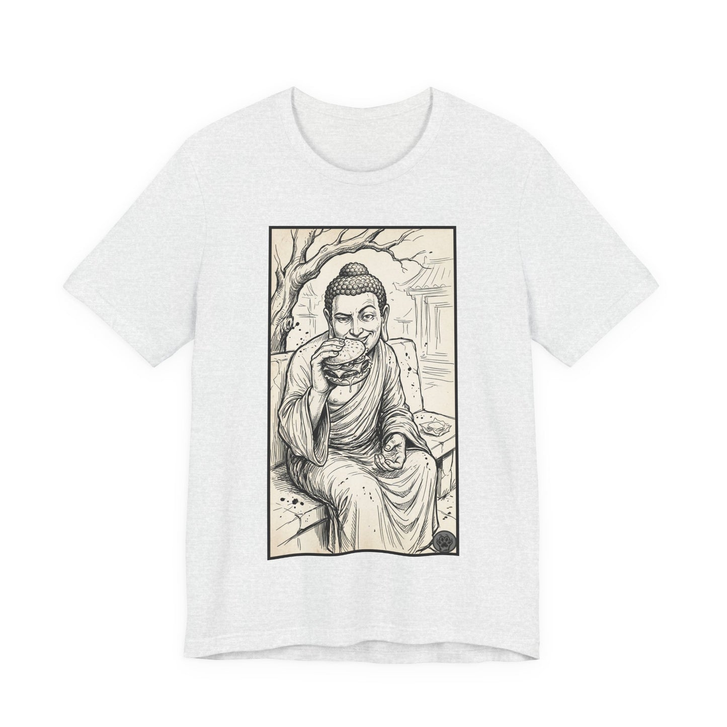Bad Buddha Cheeseburger Sketch Tee — Humor Illustration T-Shirt