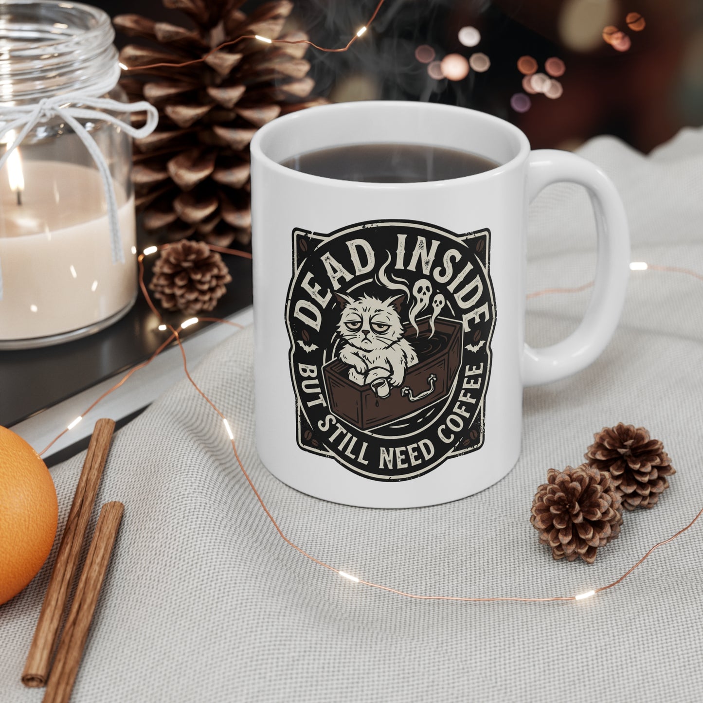 VOID - Dead Inside But Still Need Coffee Mug — Funny Goth Cat 11oz Coffee Cup
