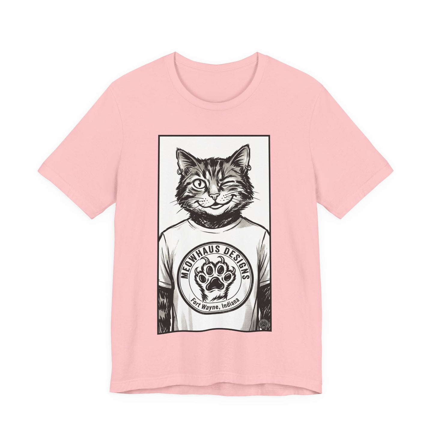 WinkyCat - Wearing the MHD Logo T-Shirt - Cat Portrait T‑Shirt — Retro Graphic Cat Wearing Logo Tee