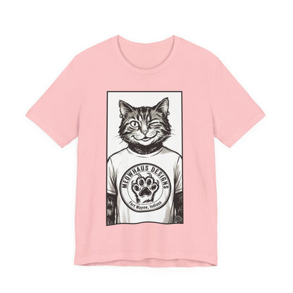 WinkyCat - Wearing the MHD Logo T-Shirt - Cat Portrait T‑Shirt — Retro Graphic Cat Wearing Logo Tee
