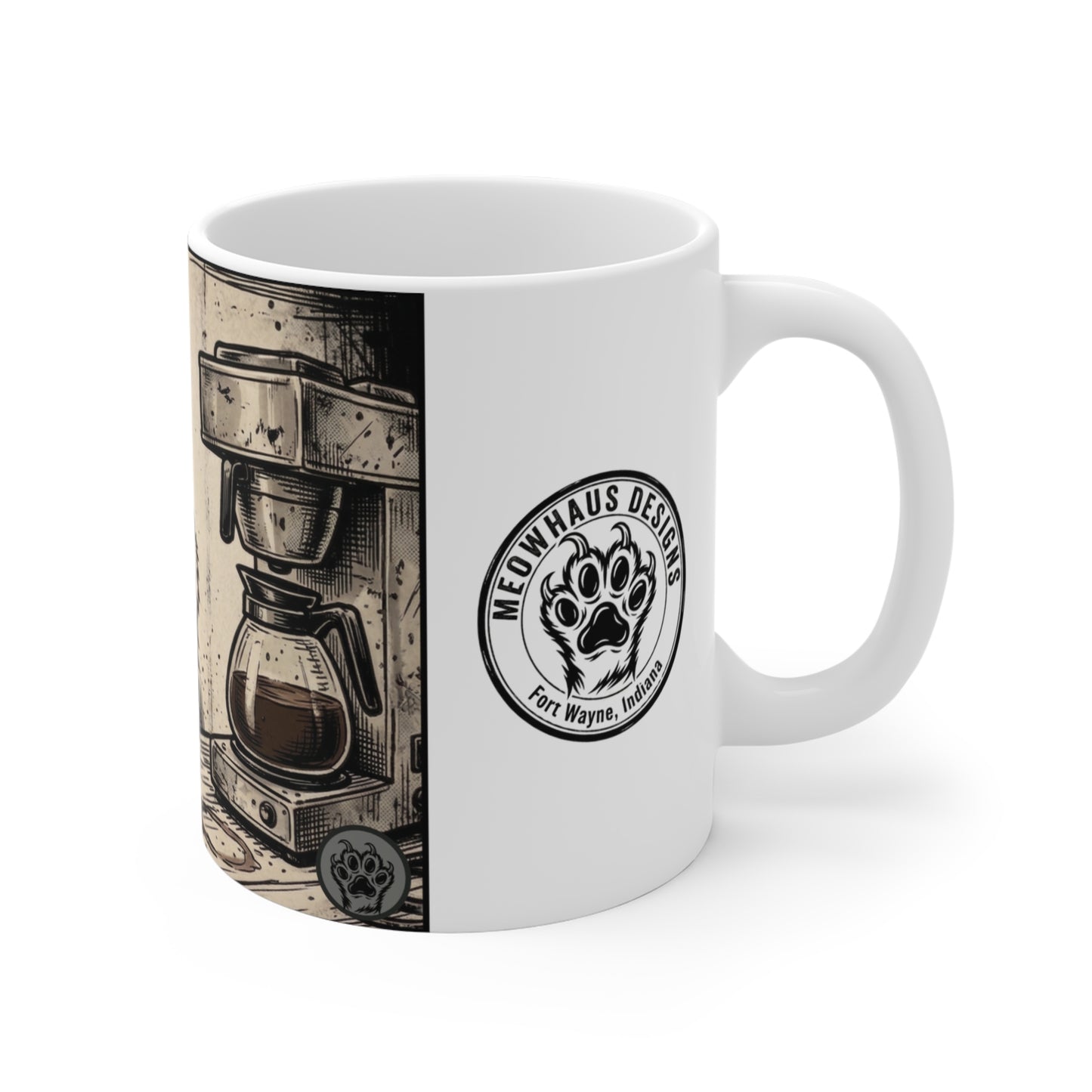 Scraps - "GFM" - 11oz Mug Left Handle — Tired Depressed Cat Drinking Coffee Espresso Illustration