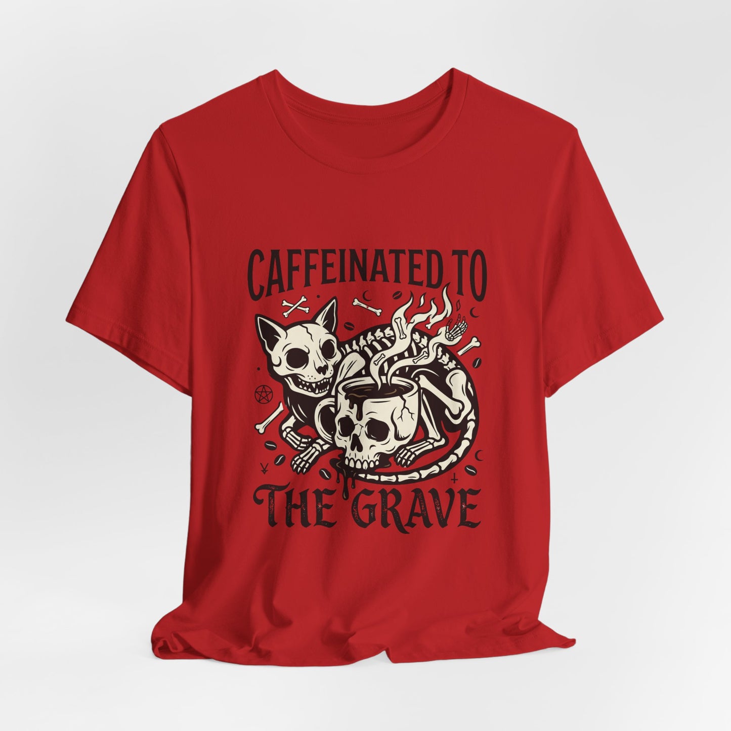 VOID - Caffeinated to the Grave Tee — Gothic Skull & Cat Coffee Shirt