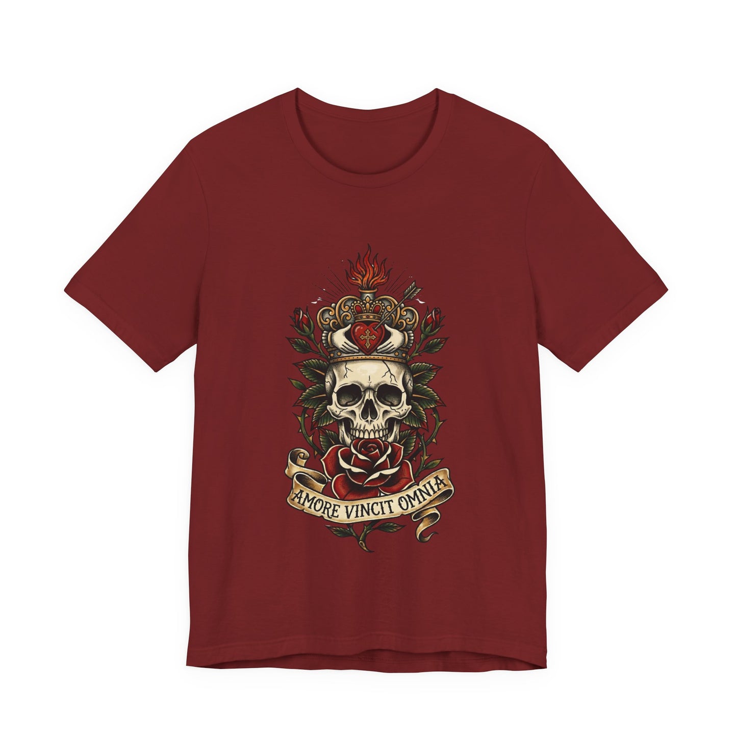 Skull Claddagh Crown Classic Tattoo Tee – "Amore Vincit Omnia" Vintage Gothic Graphic T‑Shirt