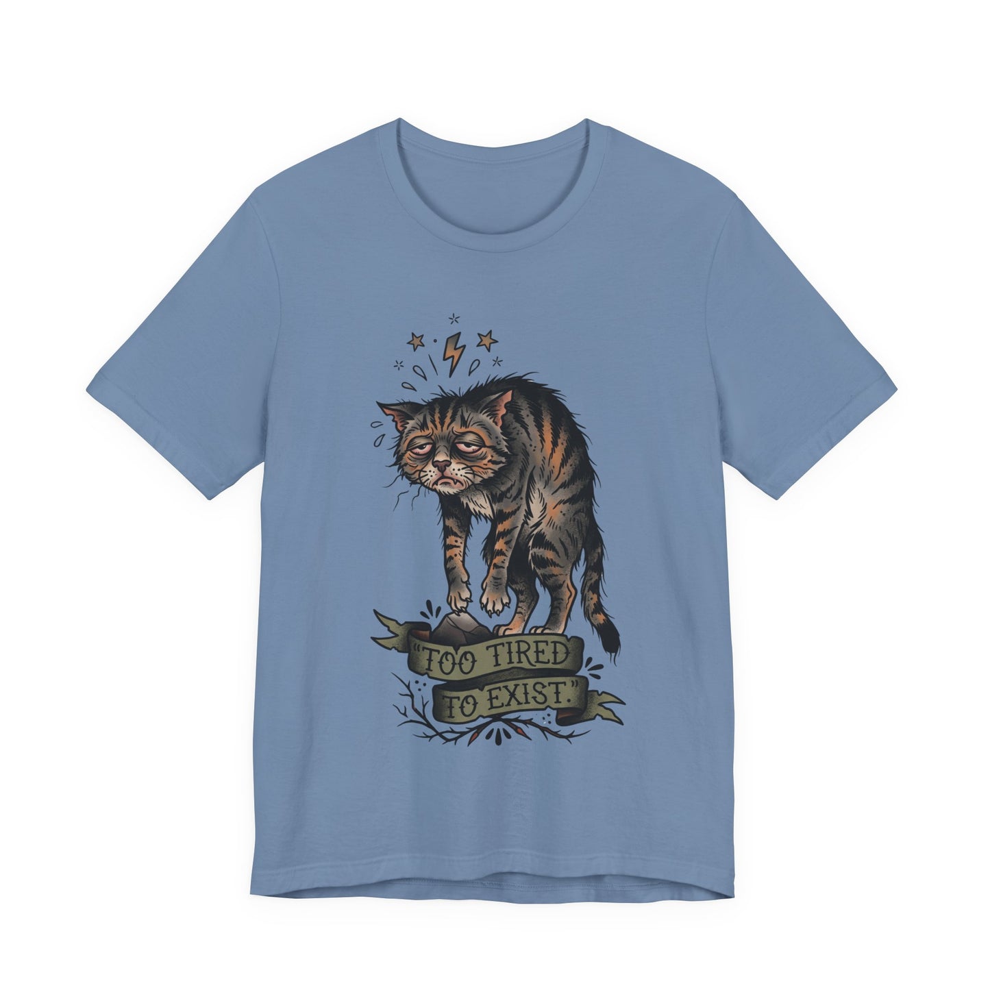 VOID - Too Tired to Exist Cat T‑Shirt — Funny Goth Sleepy Cat Tee