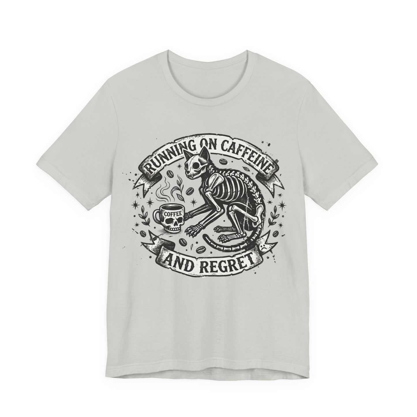 VOID - Running on Caffeine and Regret Tee — Funny Skeleton Cat Coffee T‑Shirt