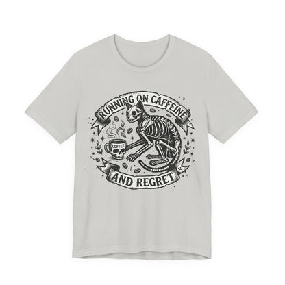 VOID - Running on Caffeine and Regret Tee — Funny Skeleton Cat Coffee T‑Shirt