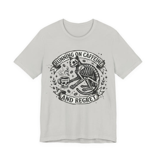 VOID - Running on Caffeine and Regret Tee — Funny Skeleton Cat Coffee T‑Shirt