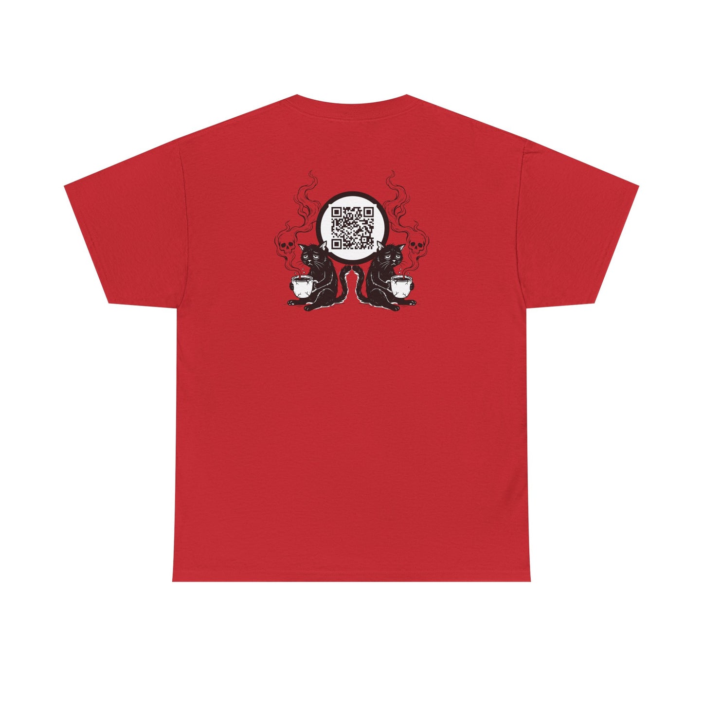PBFMF w/BackQR - Buddha Cafe T-Shirt — Humorous Buddha Dining Scene Tee with Back QR Design