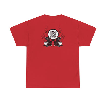 PBFMF w/BackQR - Buddha Cafe T-Shirt — Humorous Buddha Dining Scene Tee with Back QR Design