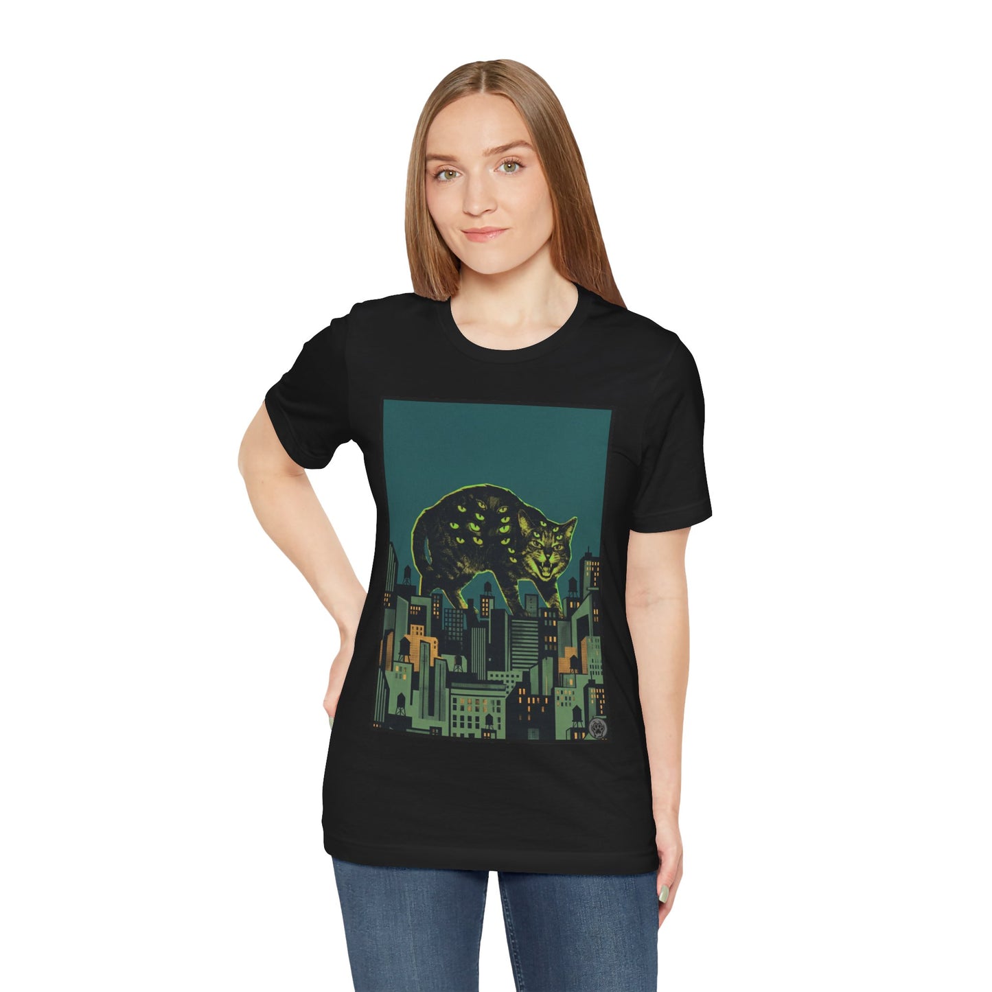 City Cat Attacks! - Green Collage Poster Original - Giant Night Cat Cityscape Tee