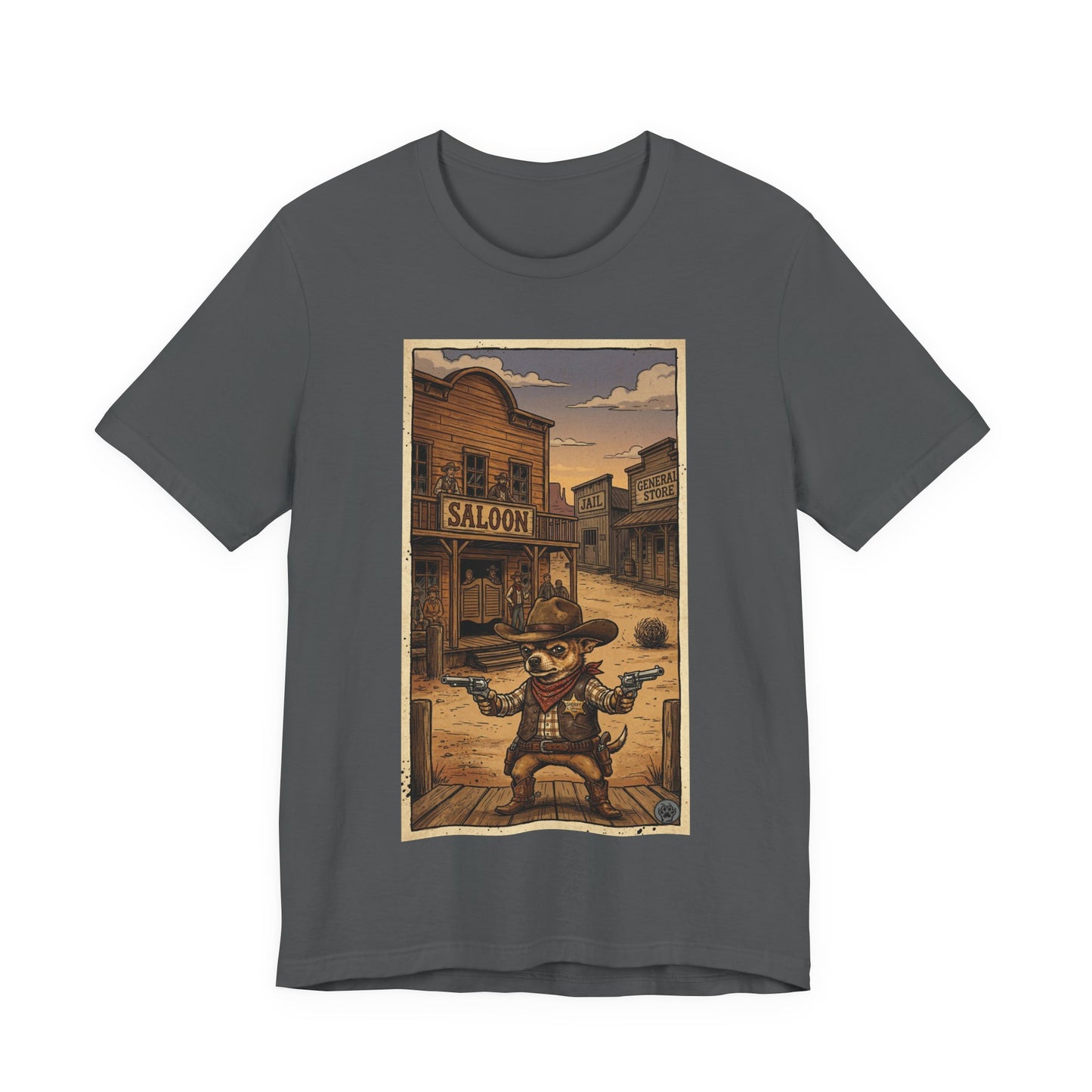 SheriffPaco - Vertical - Chihuahua Sheriff Western Saloon Showdown T-Shirt — Vintage Cowboy Sheriff Puppy Dog Graphic Tee