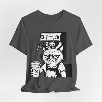 VOID - Annoyed Cat Coffee Tee — Funny Sarcastic Cat Barista Shirt with Coffee & Espresso Machine