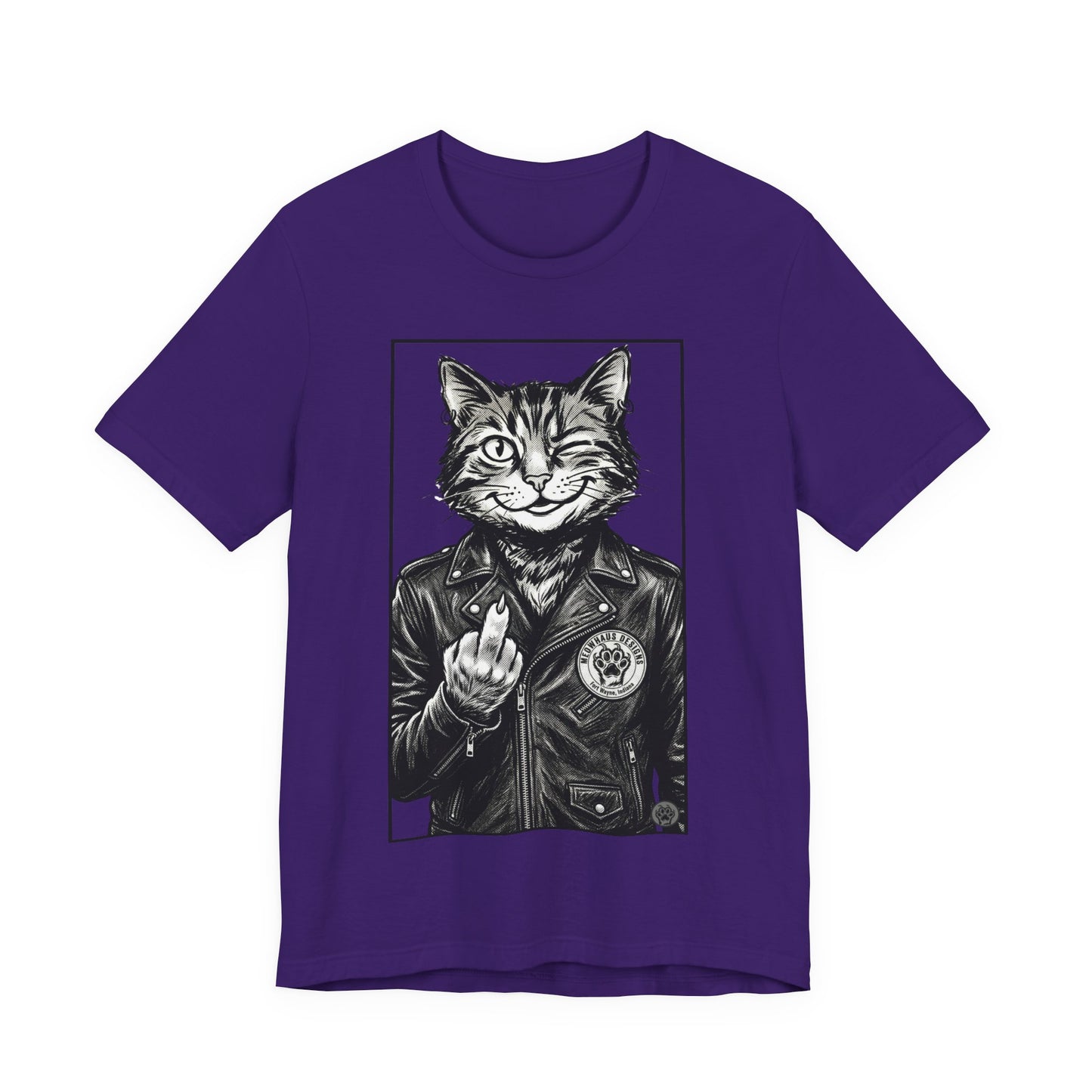 WinkyCat - Leather Jacket & Snarky Gesture - Cat Biker Tee — Grinning Cat in Leather Jacket Graphic T-Shirt