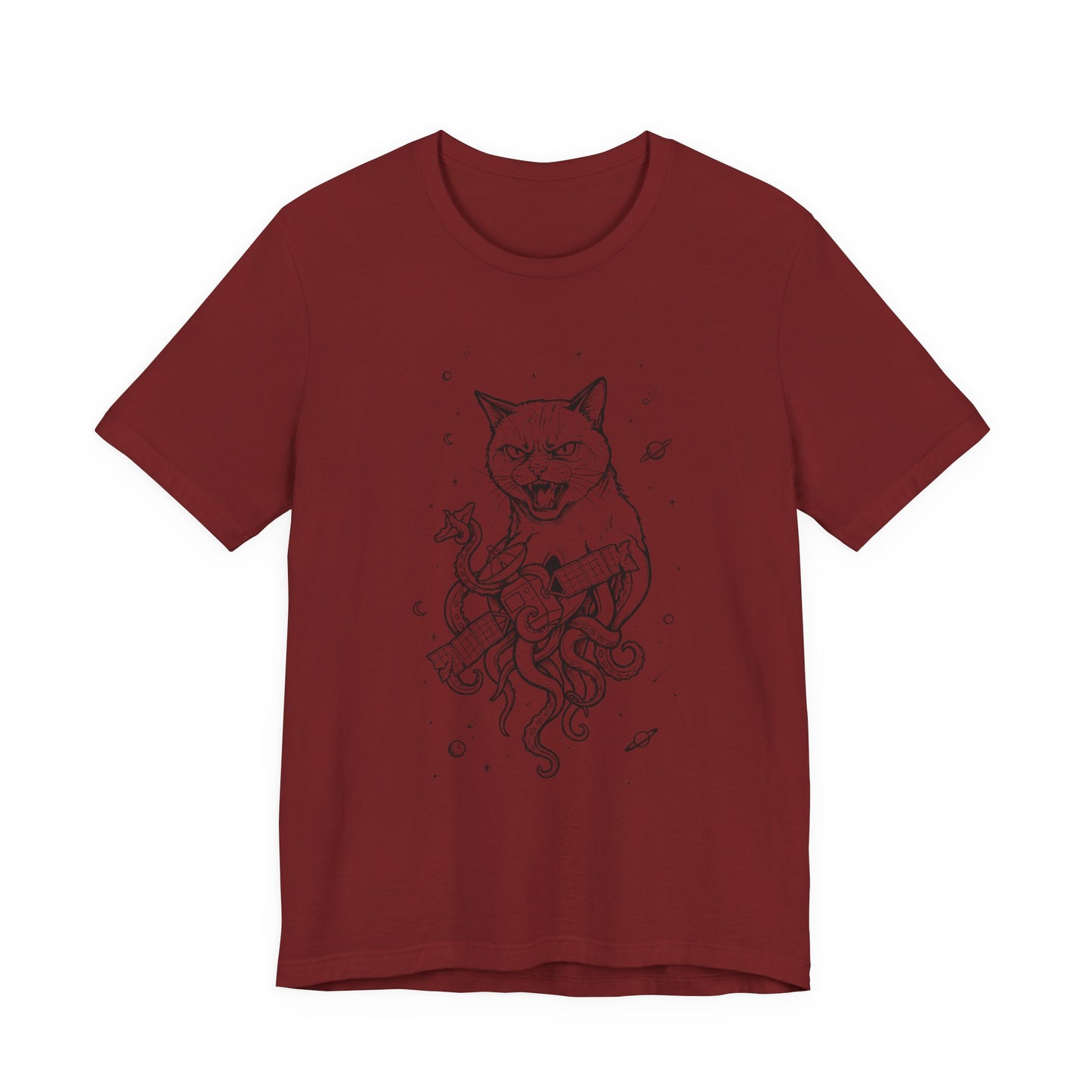 AlienCat In Space - Black Outline - Cat Kraken Illustration T-Shirt — Nautical Mythical Cat with Octopus Tentacles Tee