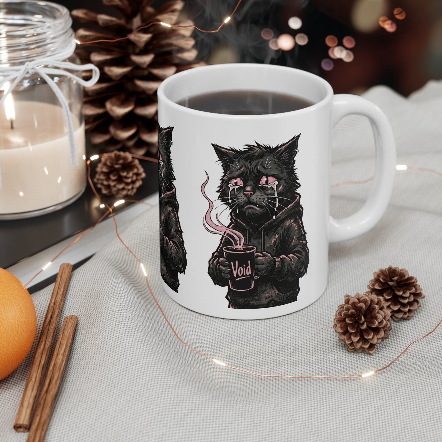 VOID - 11oz Ceramic Mug — Goth Black Cat Holding "Void" Coffee (Aesthetic, Moody Gift)