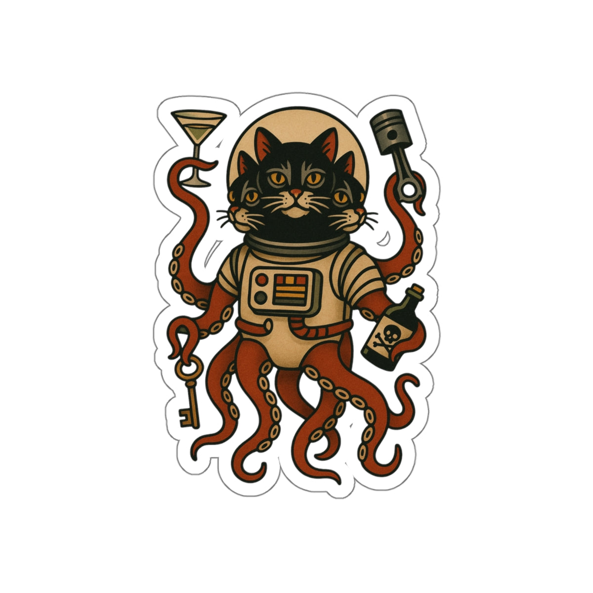 AlienCat Astronaut Vintage Tattoo Design Cat Die-Cut Sticker – Retro Space Kitty with Tentacles