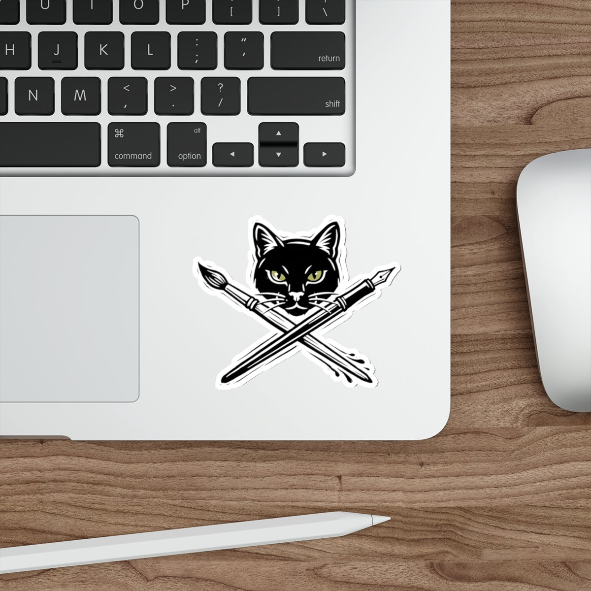 CreativeCat - Black Cat & Art Tools Die-Cut Sticker — Artistic Cat Head with Crossed Paintbrush & Pen