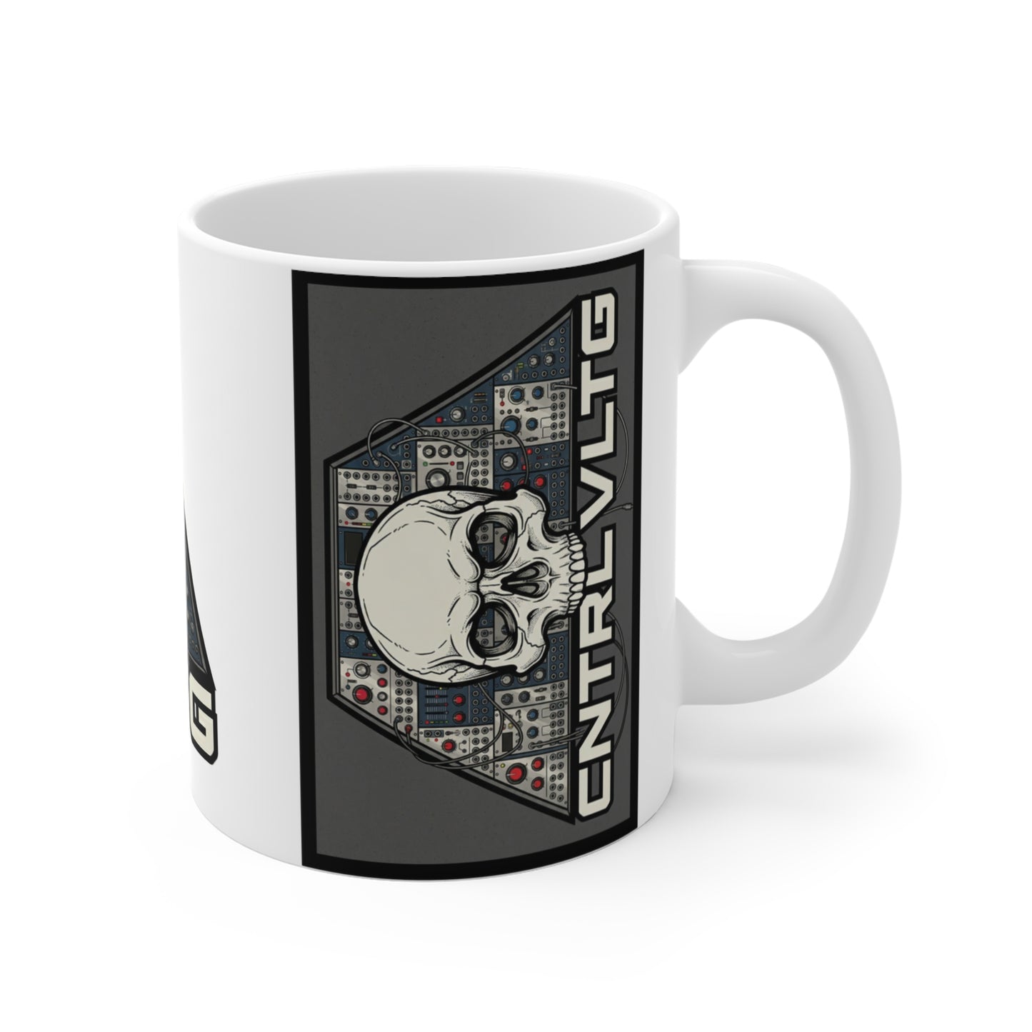 CV Control Coltage TriBase White/Grey - 11oz Mug Ambi Handle — Skull & Modular Analog Synthesizer 'CNTRLVLTG' Electronic Music Coffee Mug