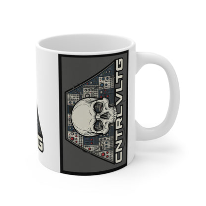 CV Control Coltage TriBase White/Grey - 11oz Mug Ambi Handle — Skull & Modular Analog Synthesizer 'CNTRLVLTG' Electronic Music Coffee Mug