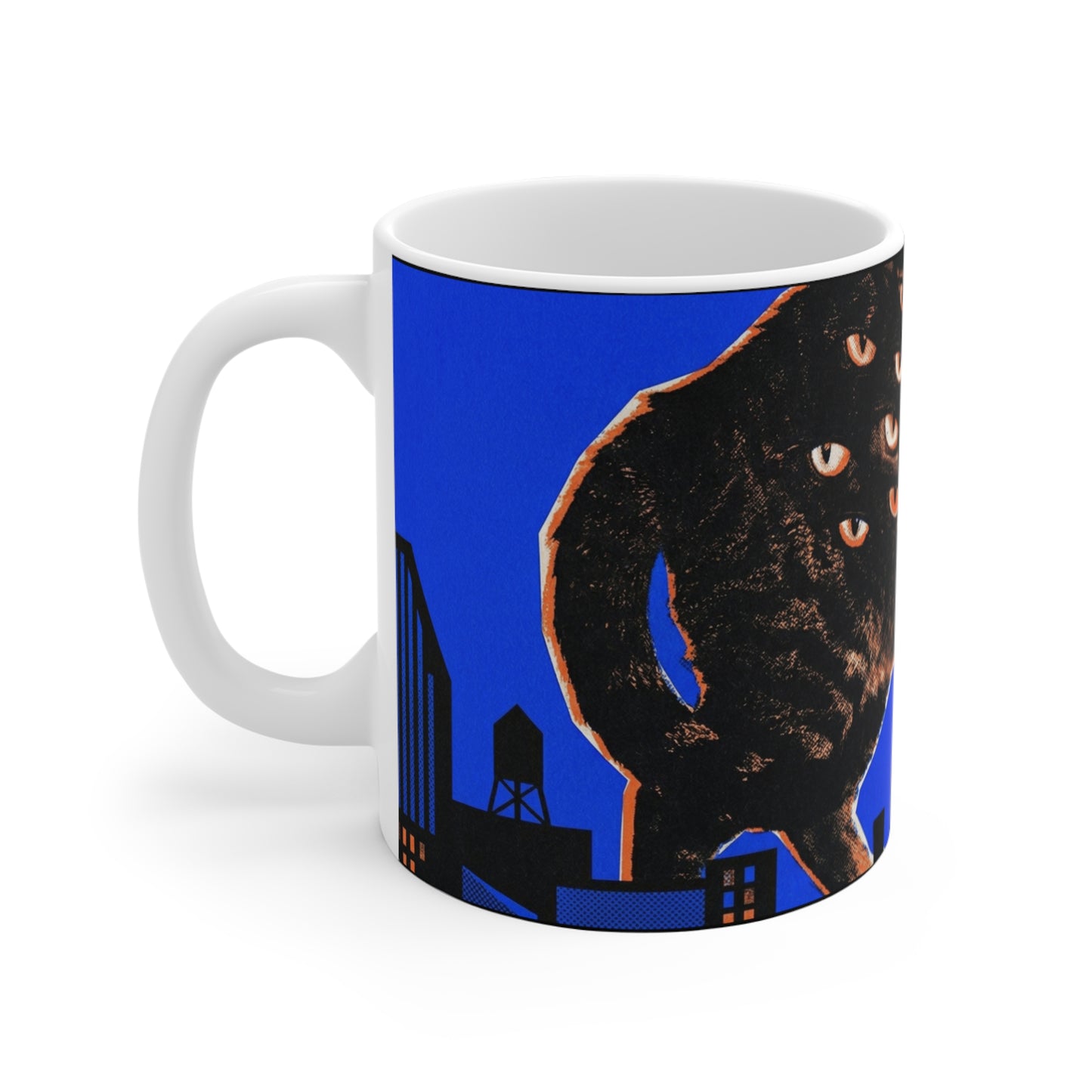 CityCat - Blue Collage Poster - 11oz Mug Right Handle Wraparound - Spooky Multi-Eyed Black Cat Coffee Mug - Halloween Night Skyline 11oz