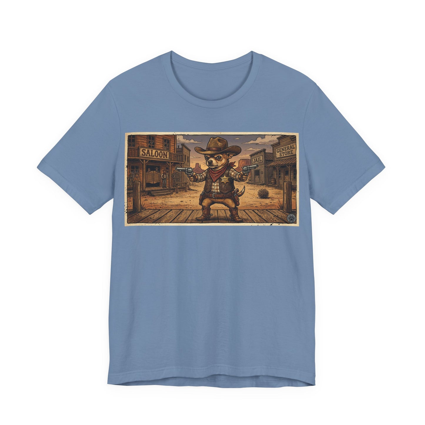SheriffPaco - Horizontal - Western Cowboy Sheriff Chihuahua T-Shirt — Vintage Saloon Puppy Dog Graphic Tee