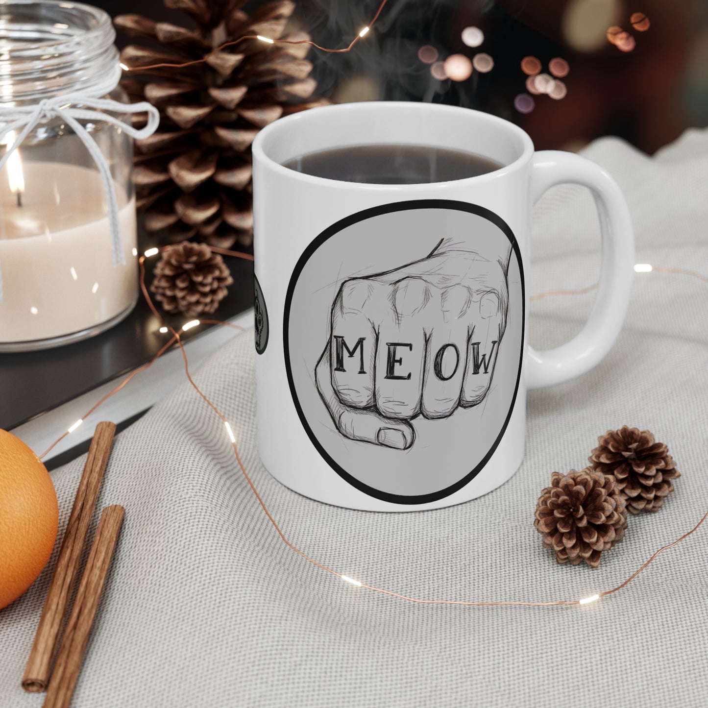 Meow Fist - 11oz Mug Ambi Handle – 'MEOW' Knuckle Tattoo Coffee Cup