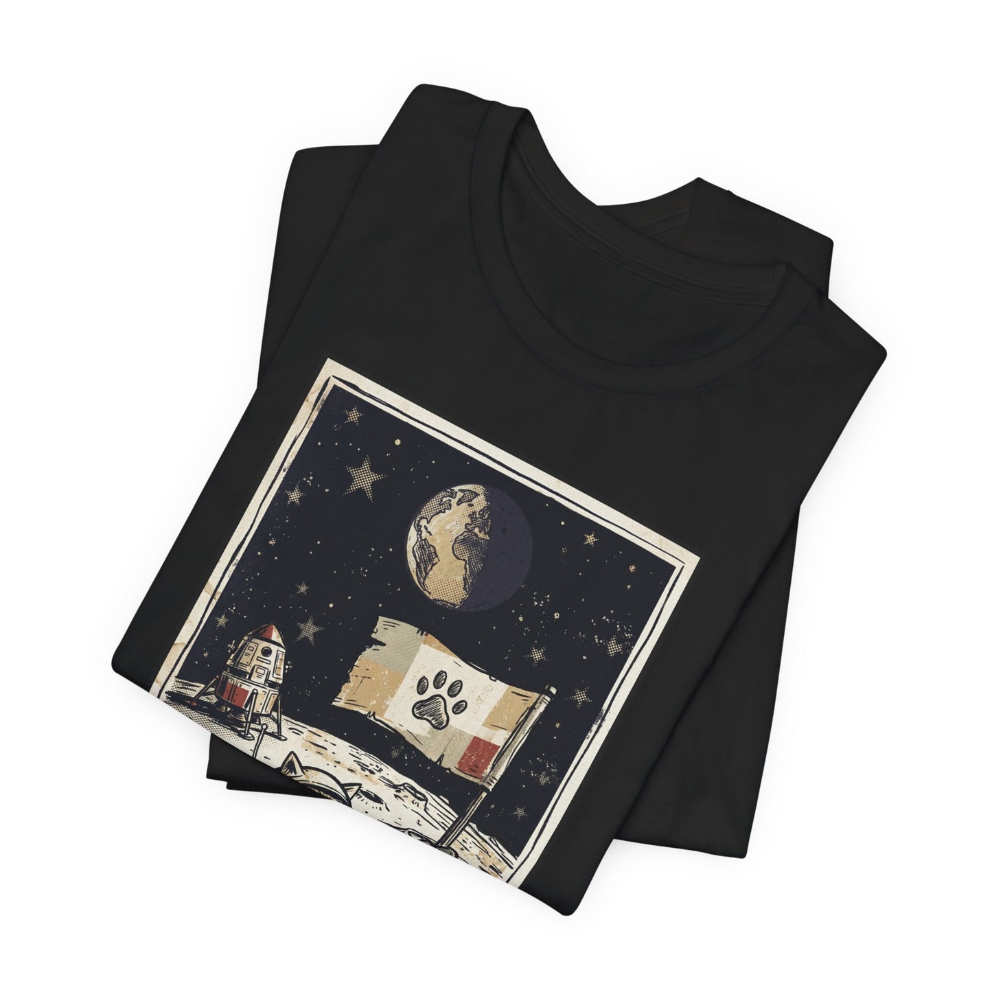 SpaceCat - Conquers The Moon! - Astronaut Cat Moon T-Shirt — Vintage Styled Space Kitty Flag Tee