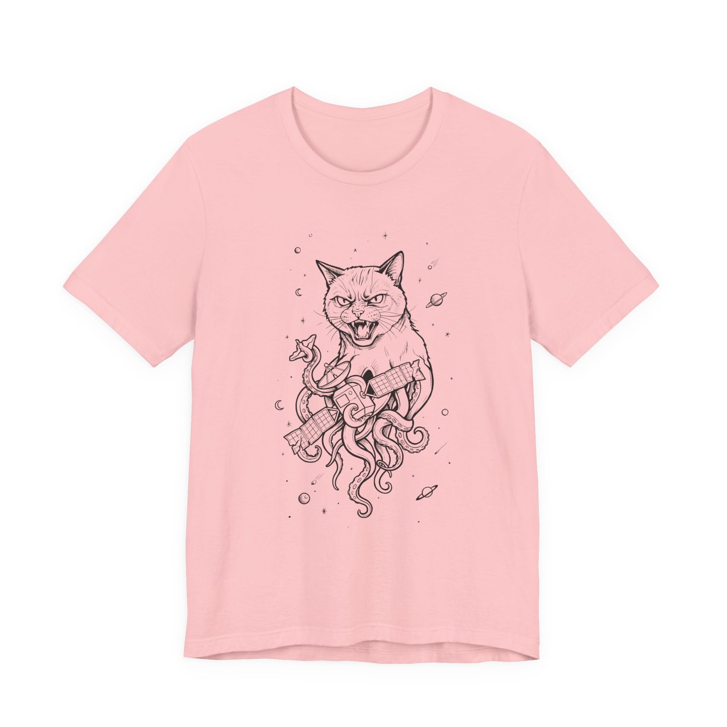 AlienCat In Space - Black Outline - Cat Kraken Illustration T-Shirt — Nautical Mythical Cat with Octopus Tentacles Tee