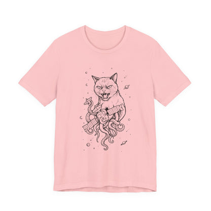 AlienCat In Space - Black Outline - Cat Kraken Illustration T-Shirt — Nautical Mythical Cat with Octopus Tentacles Tee