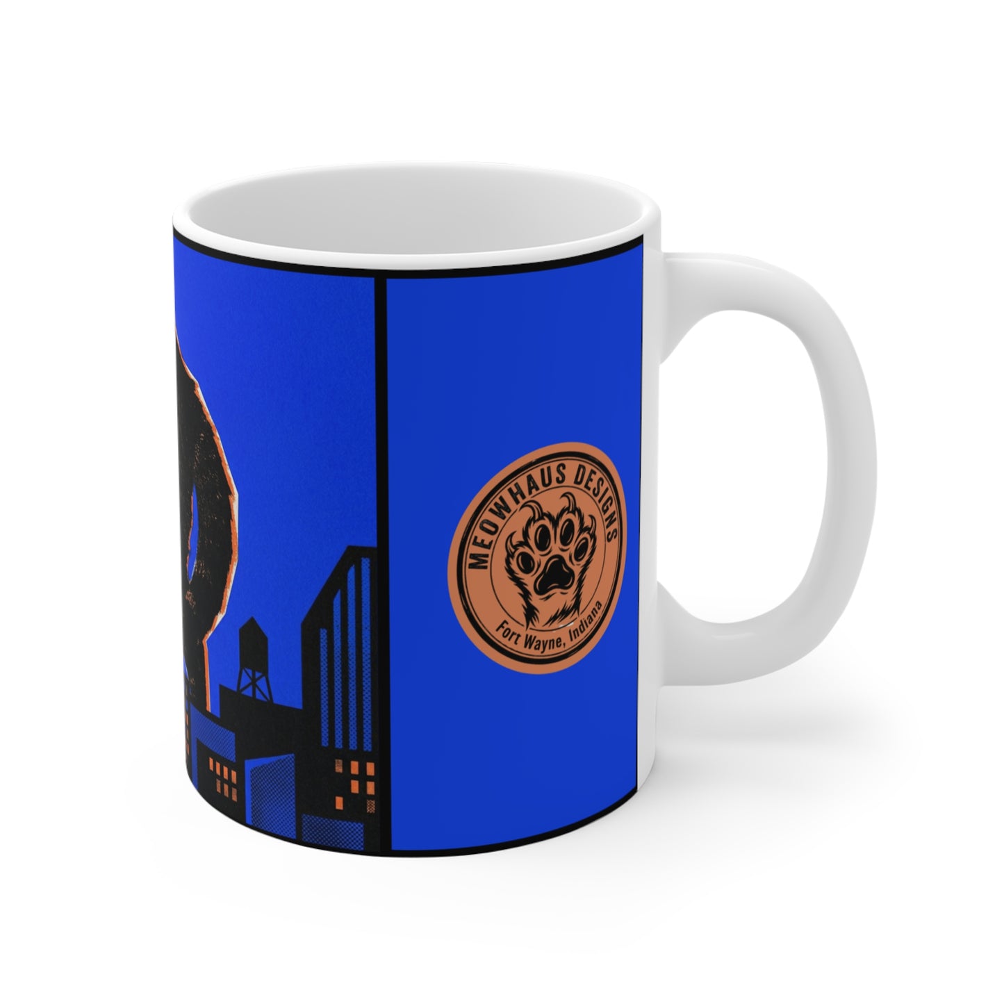 CityCat - Collage Poster Blue - 11oz Mug Left Handle - Cat Kaiju Mug — Giant Multi‑Eyed Cat Over City 11oz Coffee Cup