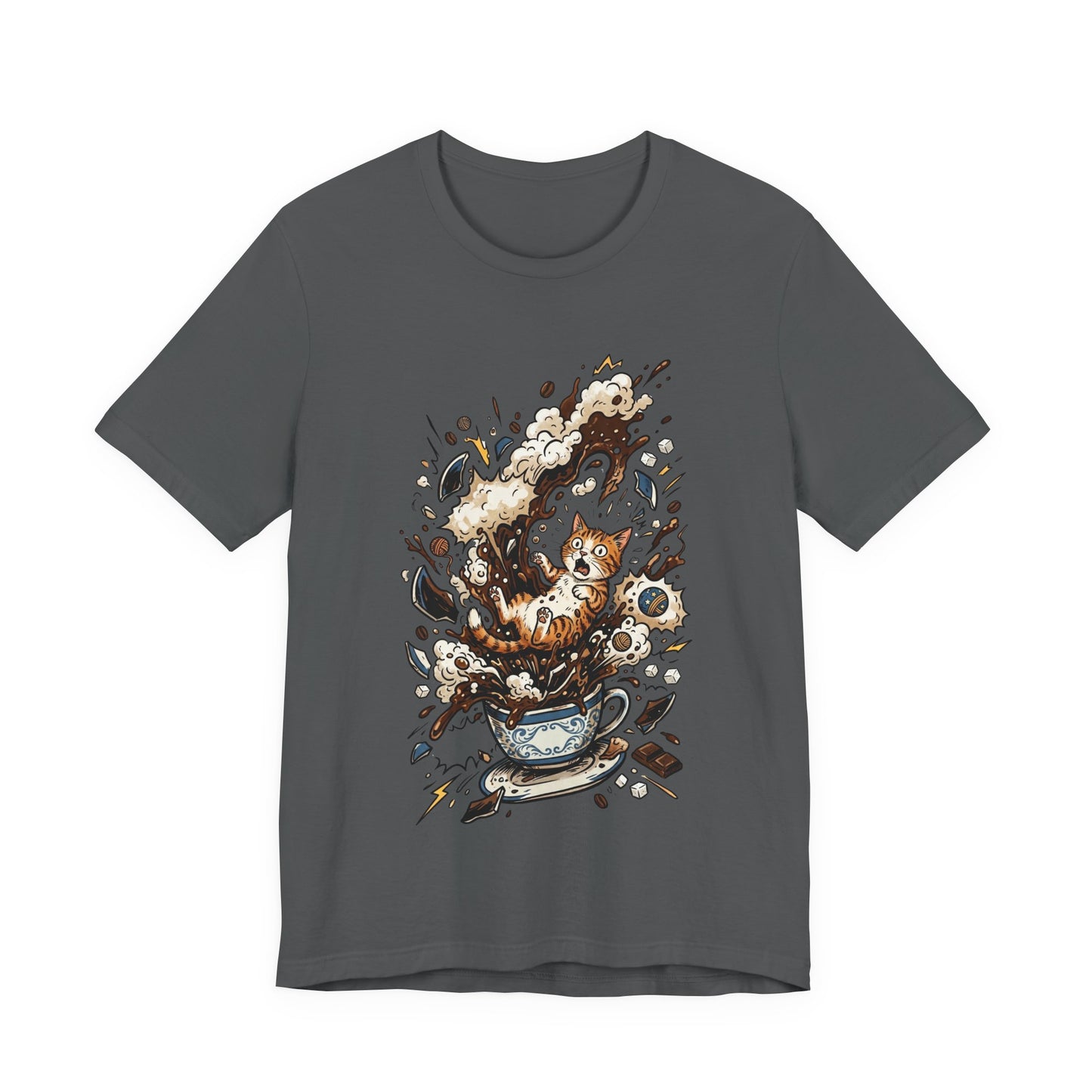 VOID - Cat Coffee Splash T‑Shirt — Cute Kitten Popping Out of Exploding Coffee Cup Tee