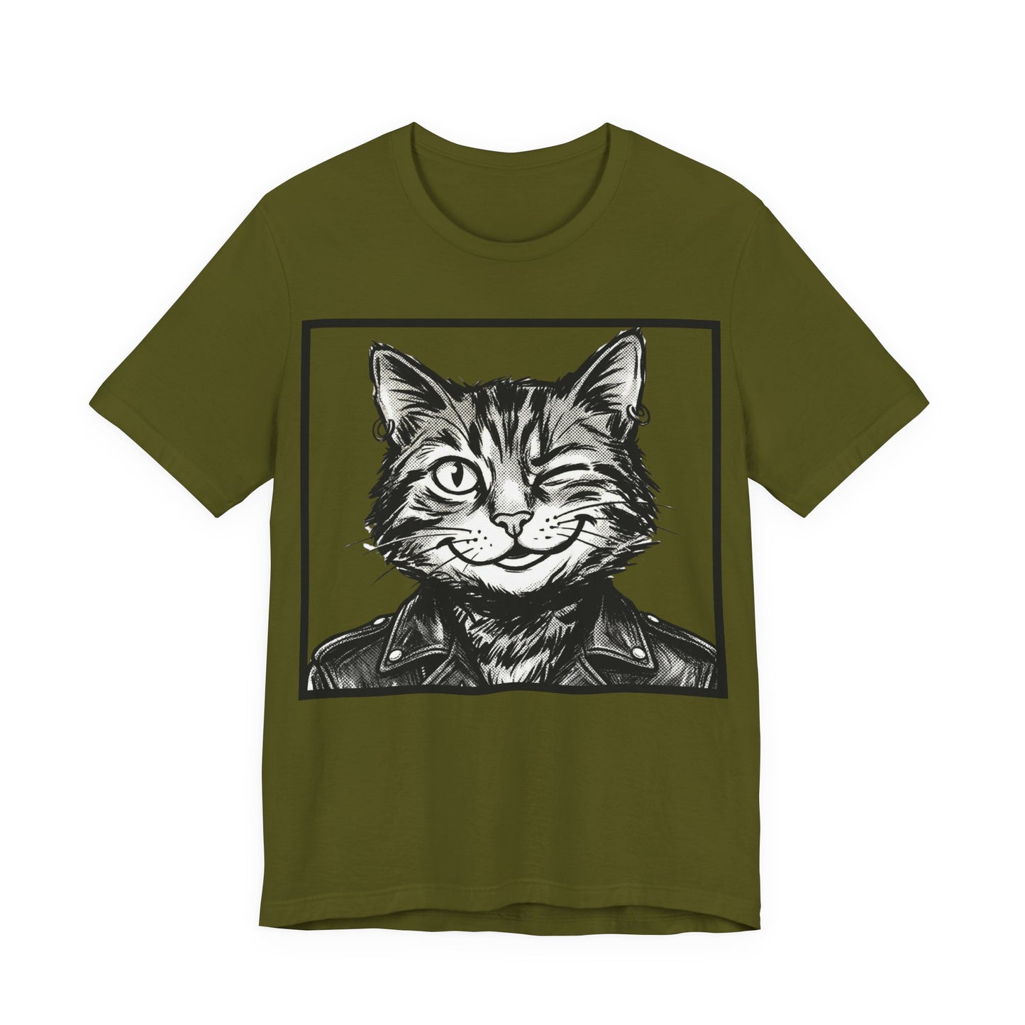 WinkyCat - Leather Jacket (NO Gesture) - Winking Cat Portrait Tee – Retro Rocker Biker Cat Graphic T-Shirt