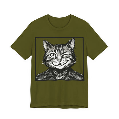 WinkyCat - Leather Jacket (NO Gesture) - Winking Cat Portrait Tee – Retro Rocker Biker Cat Graphic T-Shirt