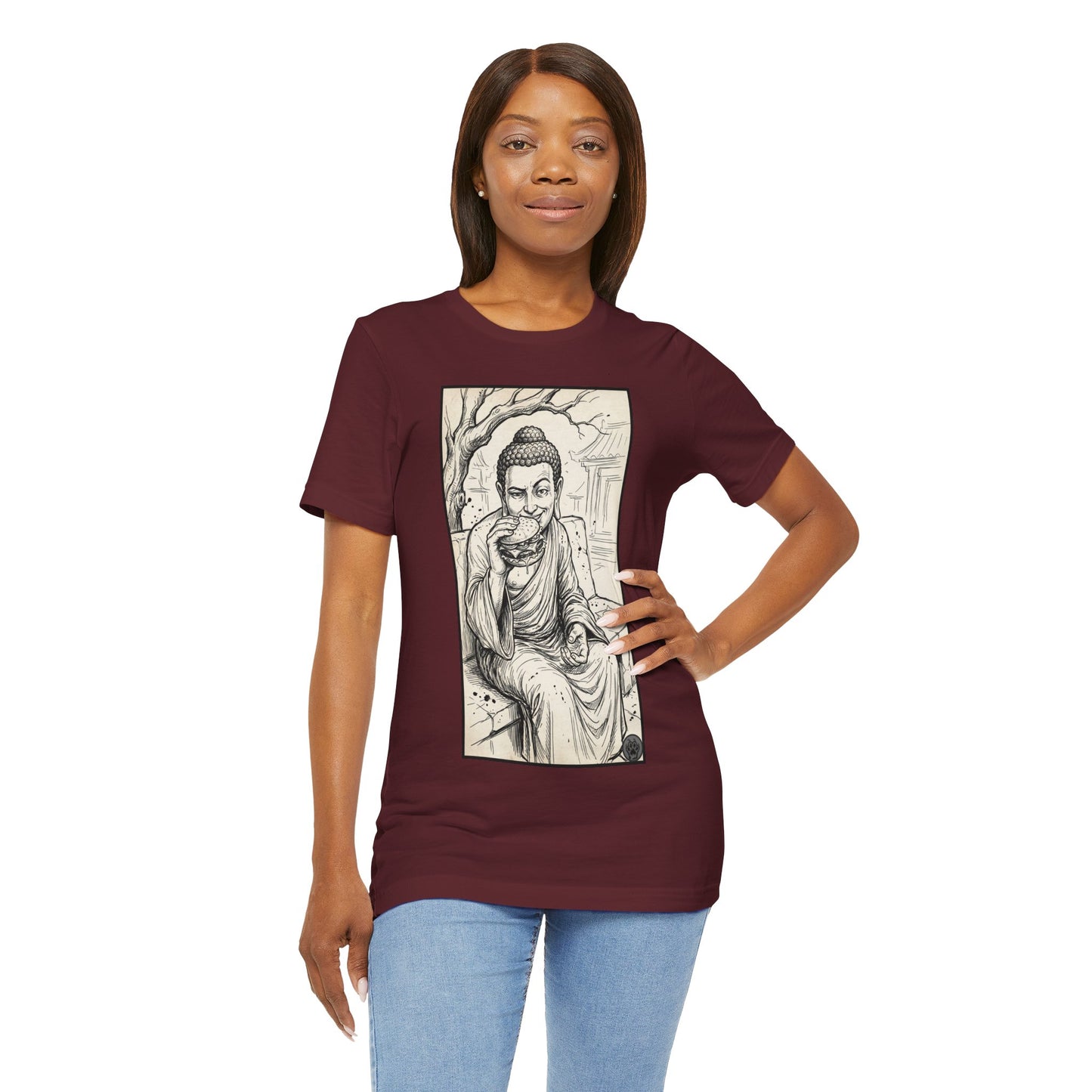 Bad Buddha Cheeseburger Sketch Tee — Humor Illustration T-Shirt