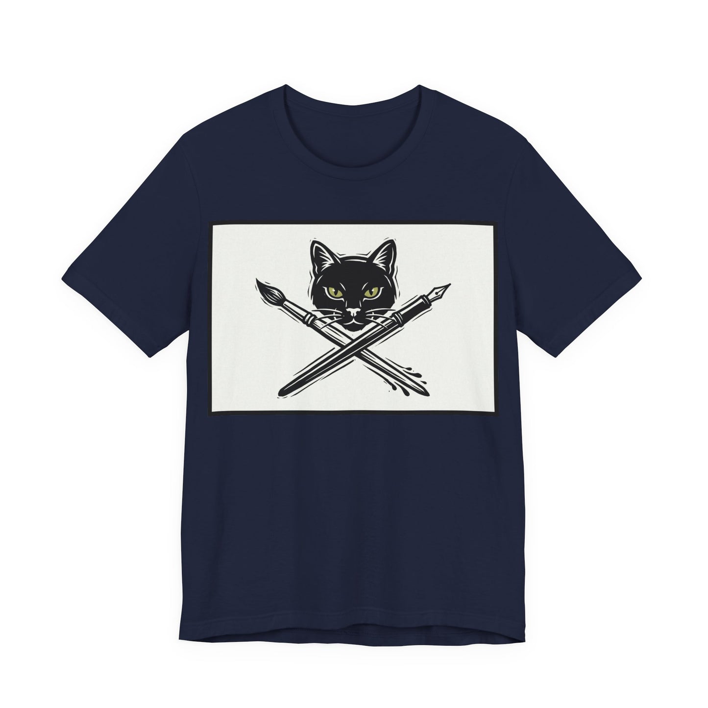 Creative Cat T‑Shirt – Black Cat with Crossed Paintbrush & Pen Graphic