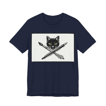 Creative Cat T‑Shirt – Black Cat with Crossed Paintbrush & Pen Graphic